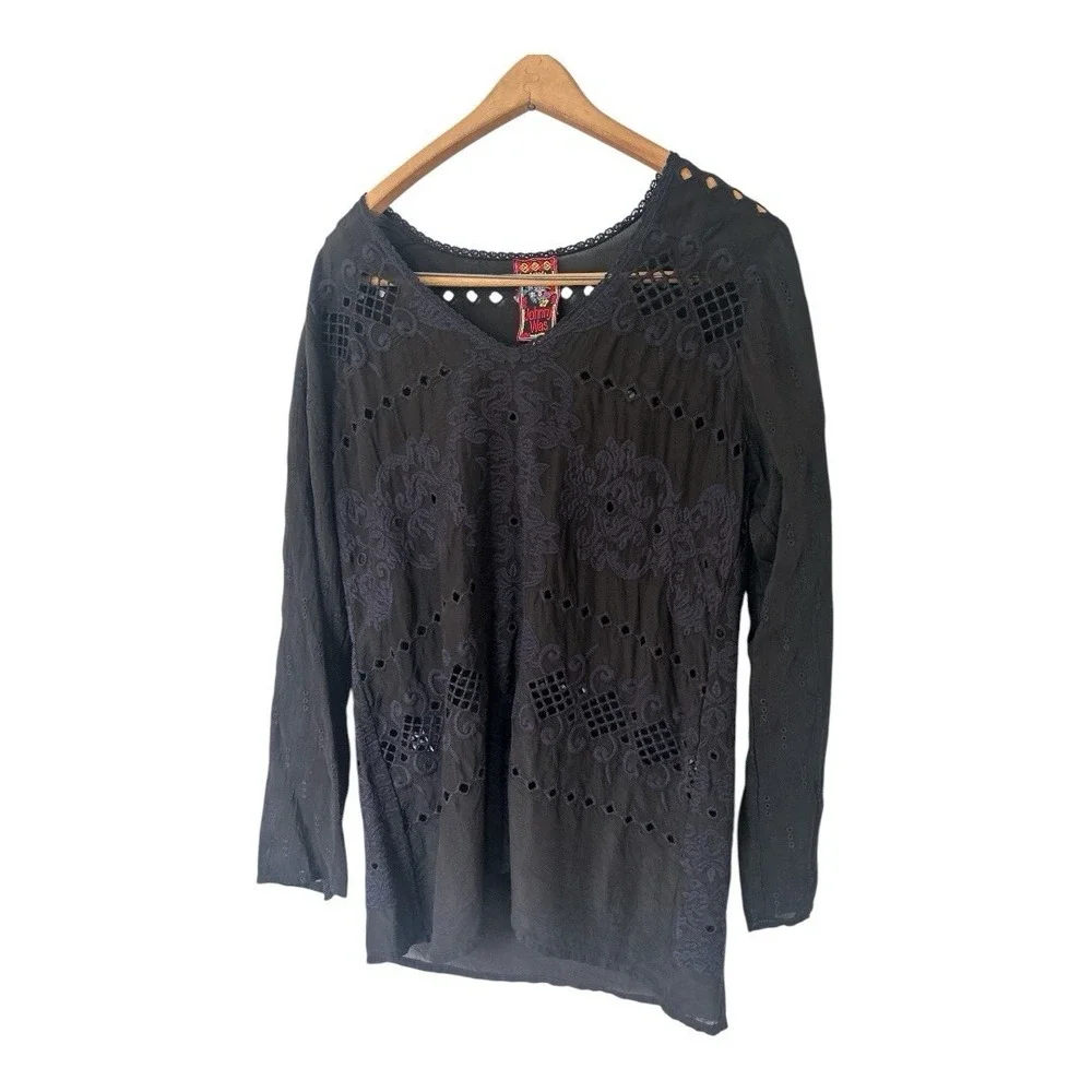 Johnny Was Sophia Top in Black Embroidered Eyelet‎ Popover Semi Sheer Boho Small